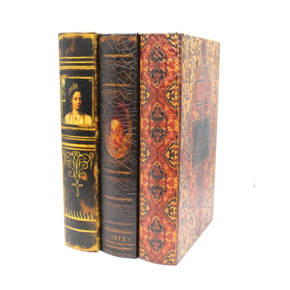 FAUX LEATHER BOOK STORAGE BOX DISTRESSED DECORATIVE VINTAGE 11" X 7"  LOT OF 3